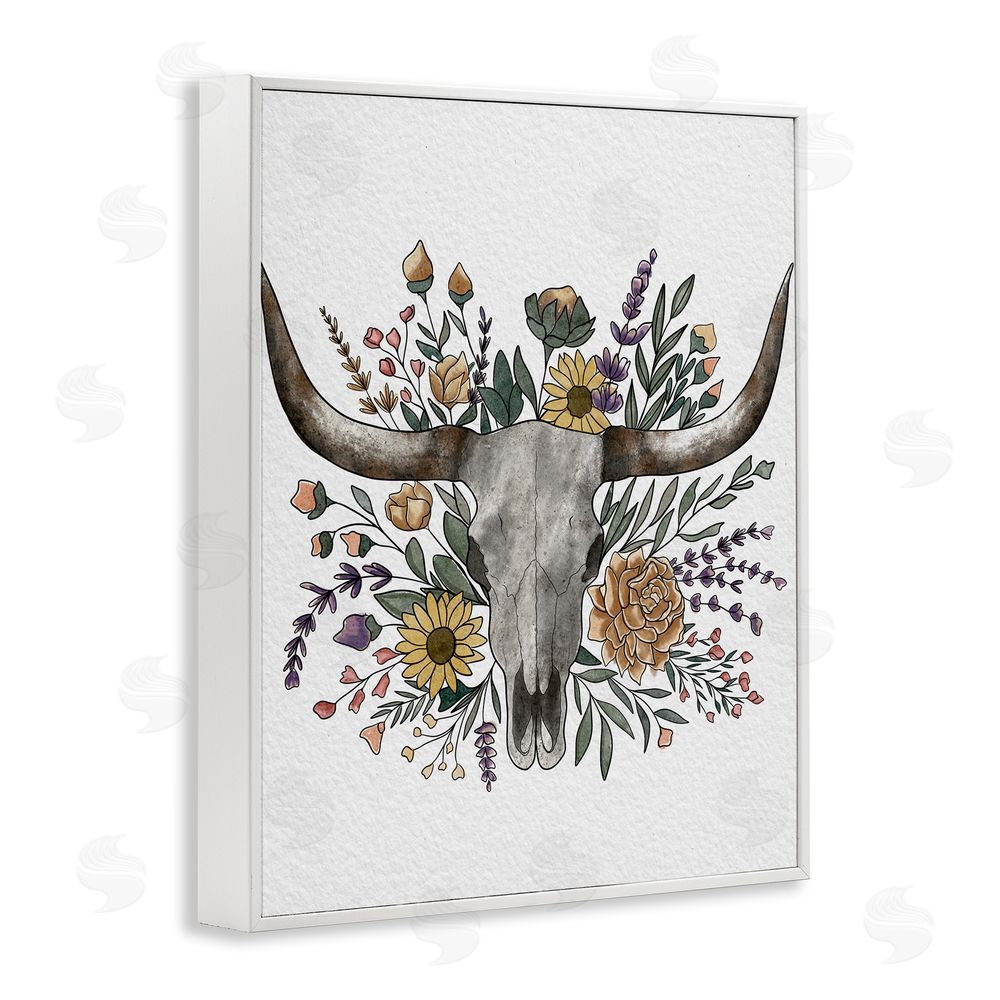 Alisha Kiara Design Boho Wildflower Longhorn White Framed Giclee Wall Art Print