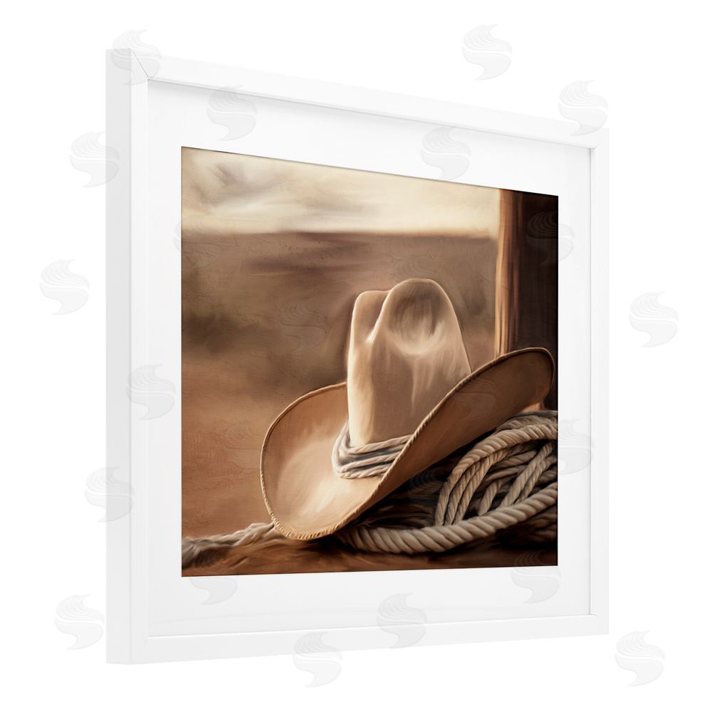Kim Allen White Cowboy Hat White Framed Print Under Glass Wall Art