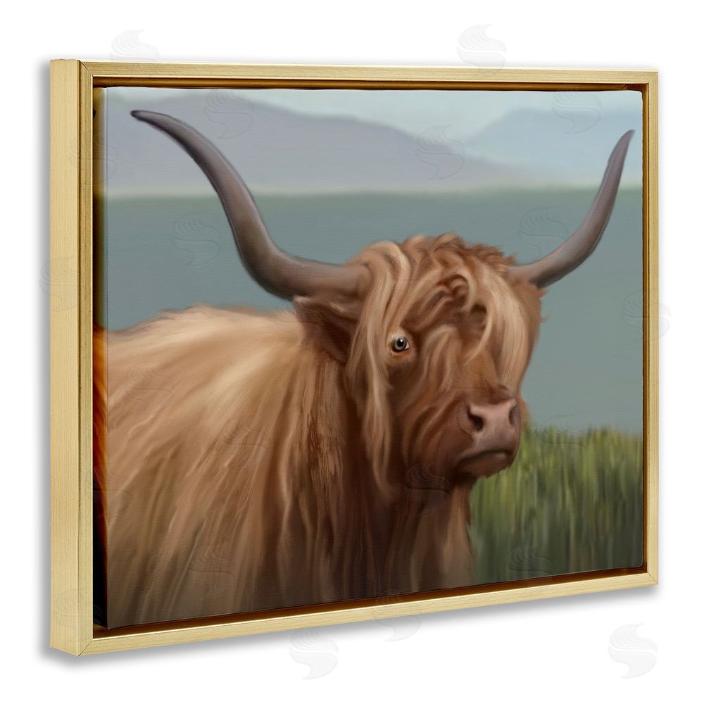 Matthew Piotrowicz Scottish Highland Cattle Landscape Gold Floating Frame Canvas Wall Art Print