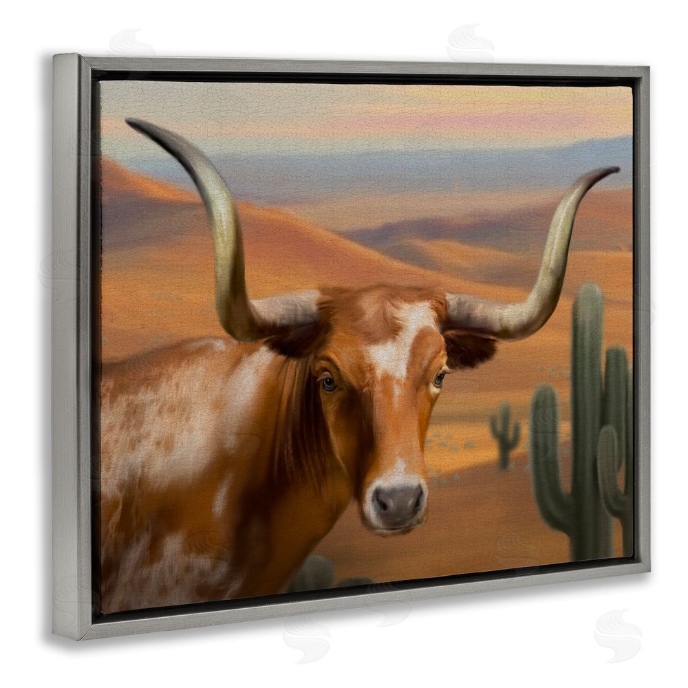 Matthew Piotrowicz Longhorn Western Landscape Gray Floating Frame Canvas Wall Art Print
