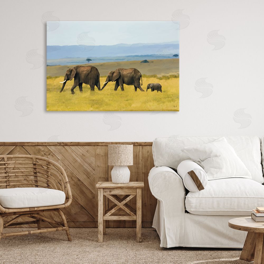 Renel Peters Elephants In The Grassland Stretched Canvas Wall Art in Room