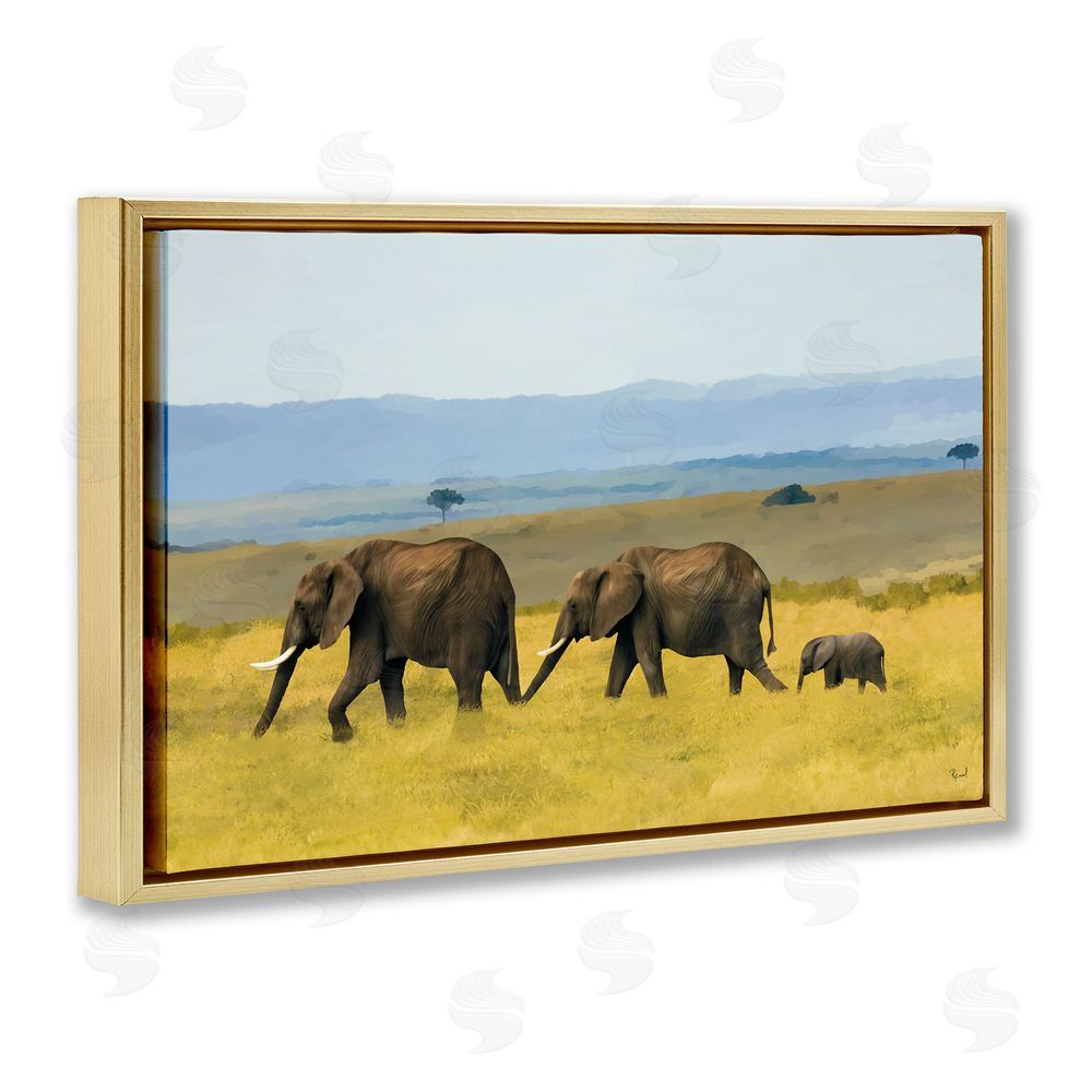 Renel Peters Elephants In The Grassland Gold Floating Frame Canvas Wall Art Print