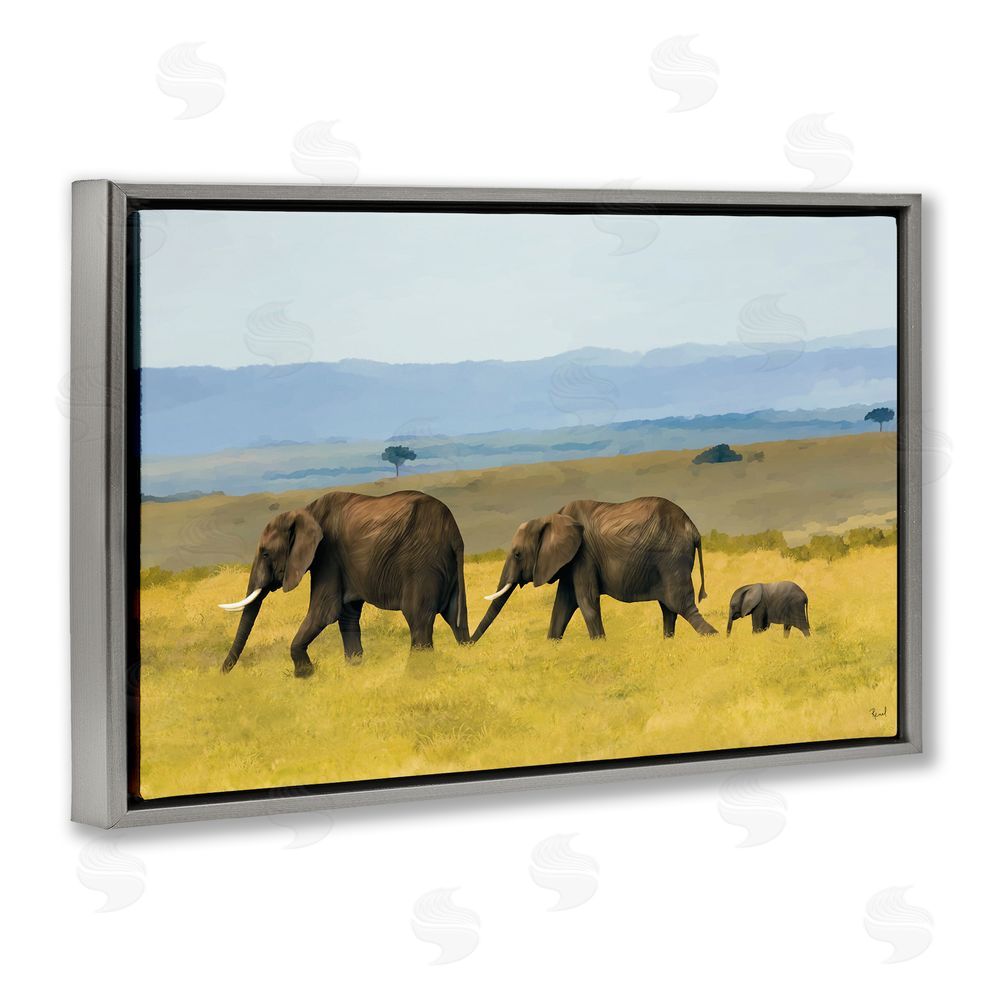 Renel Peters Elephants In The Grassland Gray Floating Frame Canvas Wall Art Print