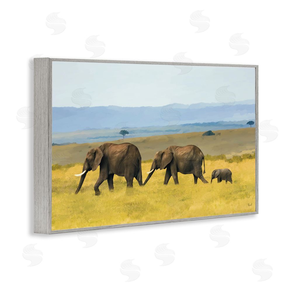 Renel Peters Elephants In The Grassland Gray Framed Giclee Wall Art Print