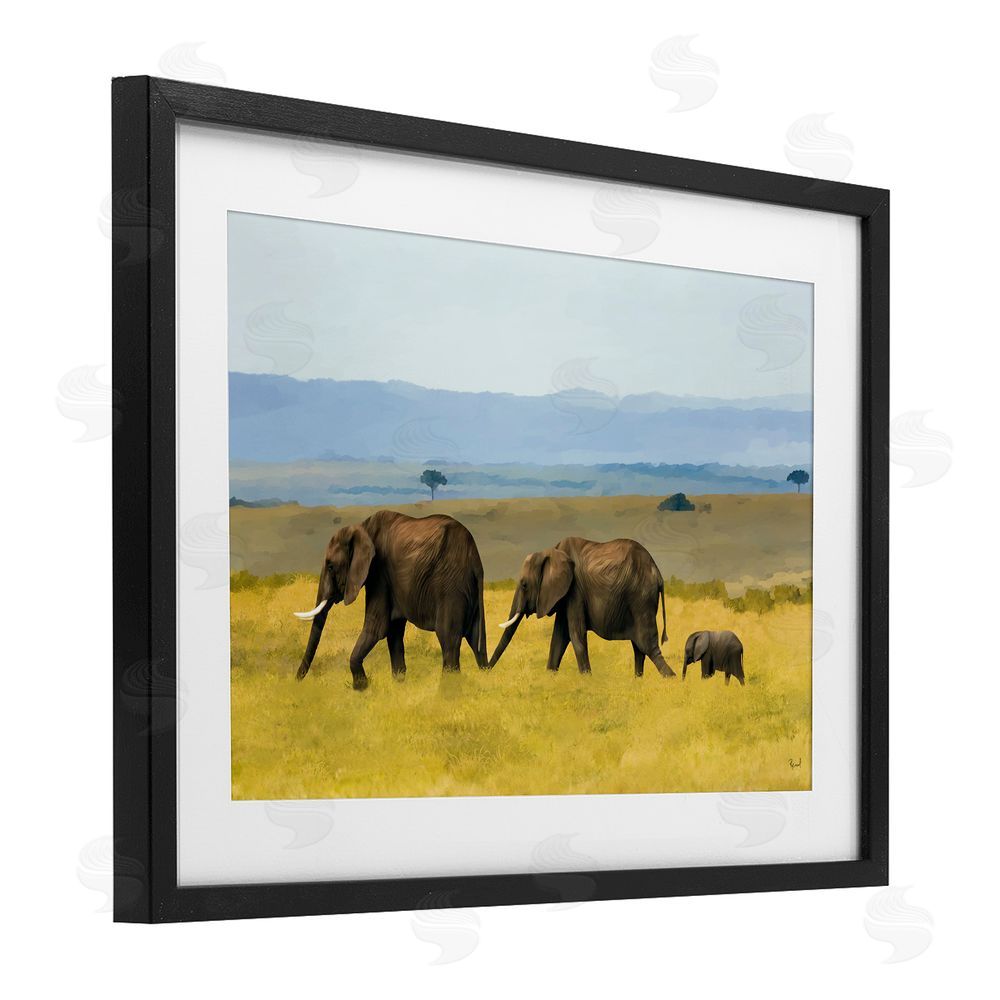 Renel Peters Elephants In The Grassland Black Framed Print Under Glass Wall Art