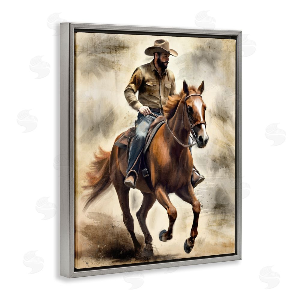 Kim Allen Gallop Horse & Cowboy Gray Floating Frame Canvas Wall Art Print