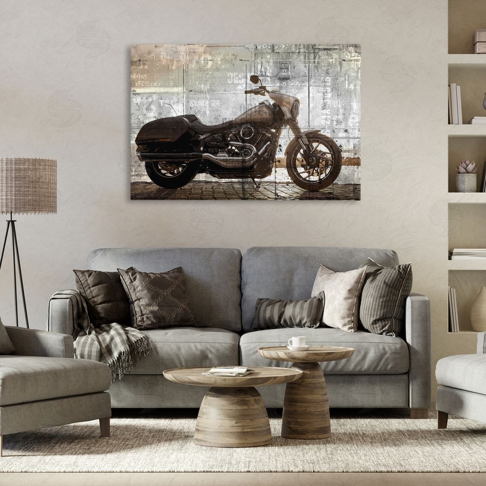 Kim Allen Sunset Ride Motorcycle Stretched Canvas Wall Art in Room