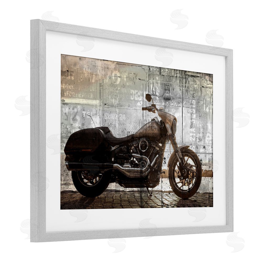 Kim Allen Sunset Ride Motorcycle Gray Framed Print Under Glass Wall Art