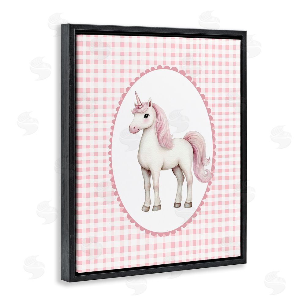 Christine Simpson Art Pink Gingham Unicorn Black Floating Frame Canvas Wall Art Print