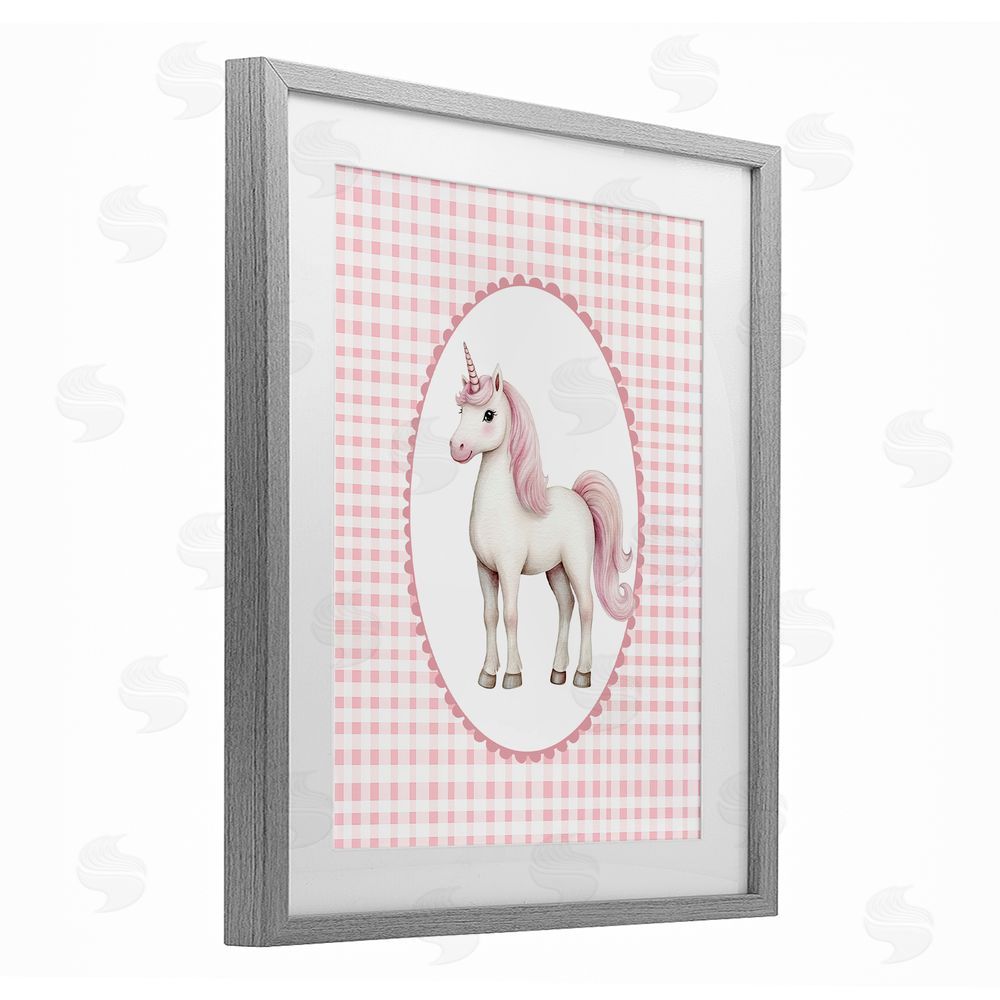 Christine Simpson Art Pink Gingham Unicorn Gray Framed Print Under Glass Wall Art
