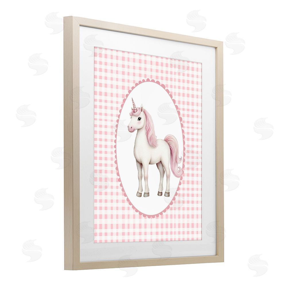 Christine Simpson Art Pink Gingham Unicorn Brown Framed Print Under Glass Wall Art