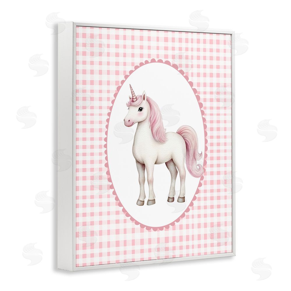 Christine Simpson Art Pink Gingham Unicorn White Framed Giclee Wall Art Print
