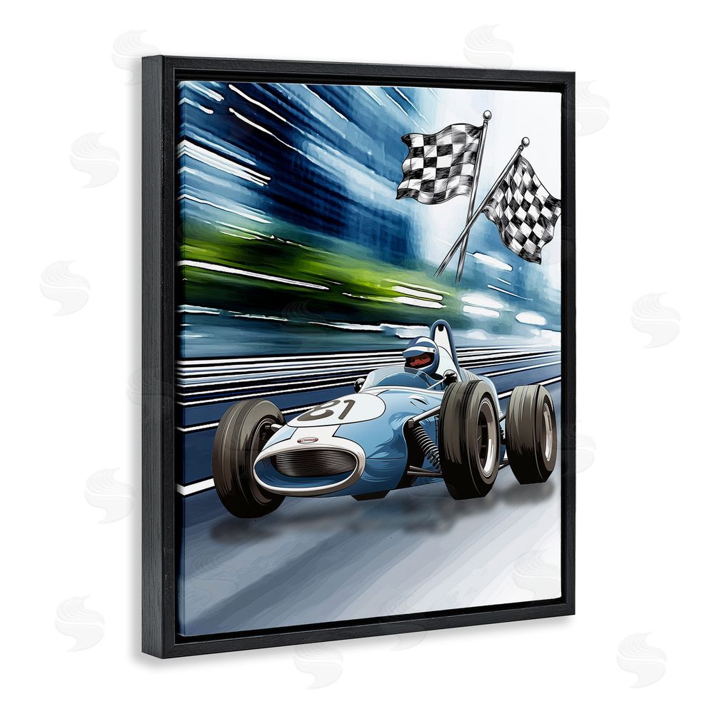 Christine Simpson Art Speedy Racecar with Flags Black Floating Frame Canvas Wall Art Print