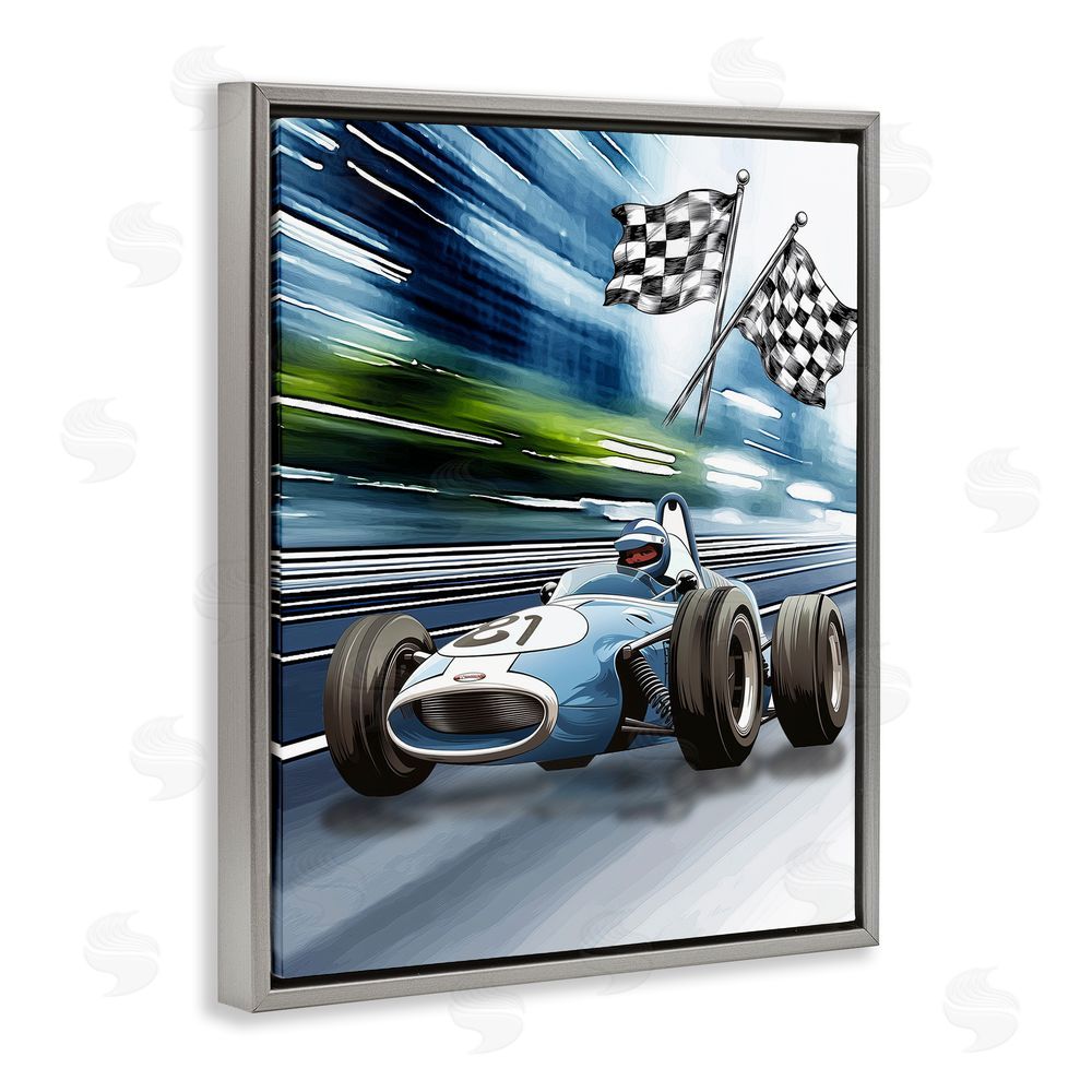 Christine Simpson Art Speedy Racecar with Flags Gray Floating Frame Canvas Wall Art Print