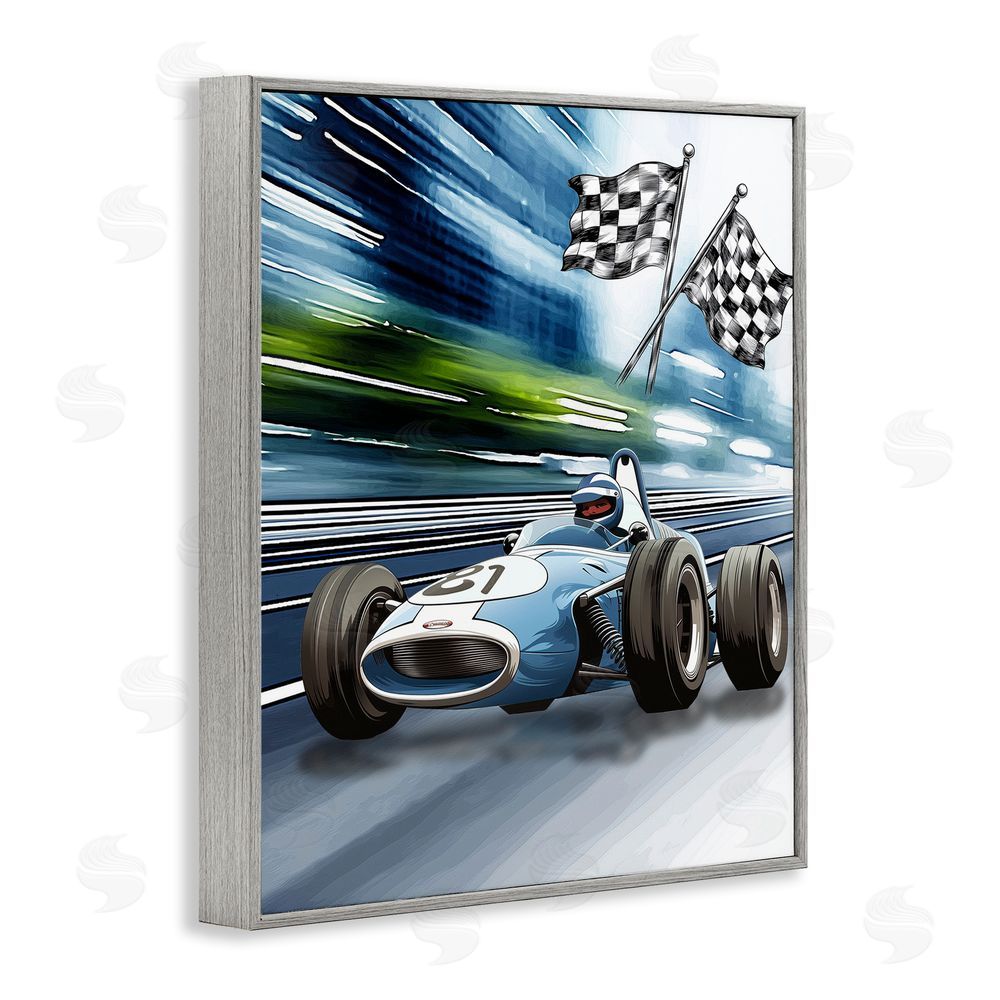 Christine Simpson Art Speedy Racecar with Flags Gray Framed Giclee Wall Art Print