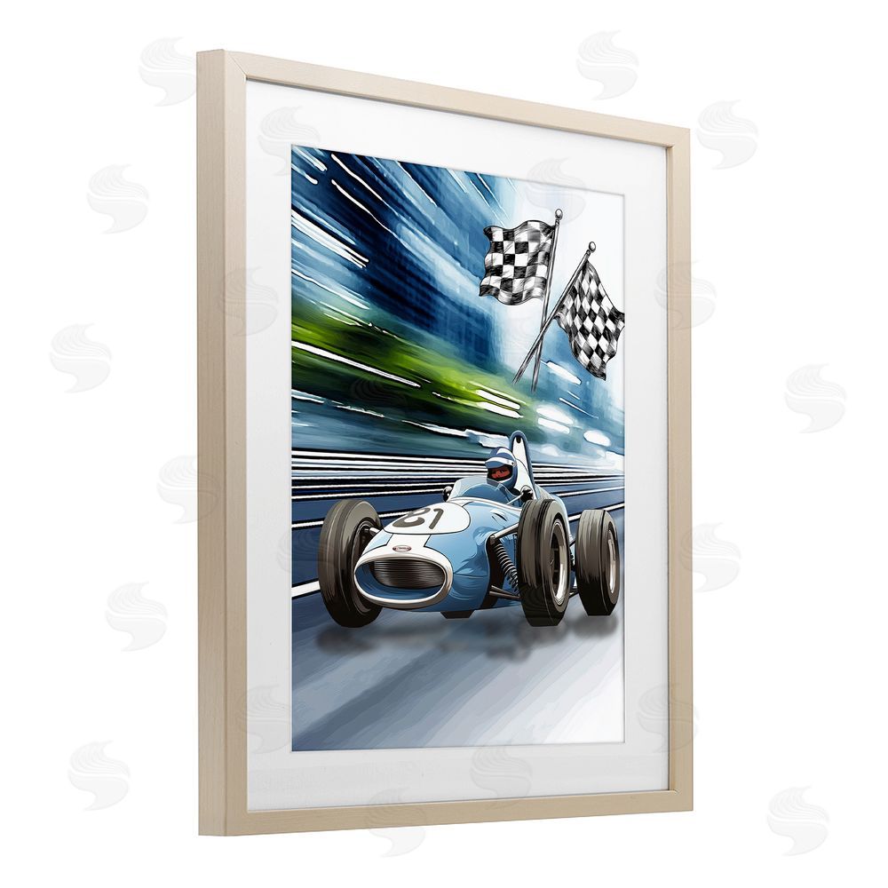 Christine Simpson Art Speedy Racecar with Flags Brown Framed Print Under Glass Wall Art