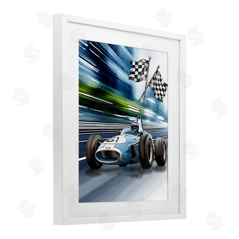 Christine Simpson Art Speedy Racecar with Flags White Framed Print Under Glass Wall Art