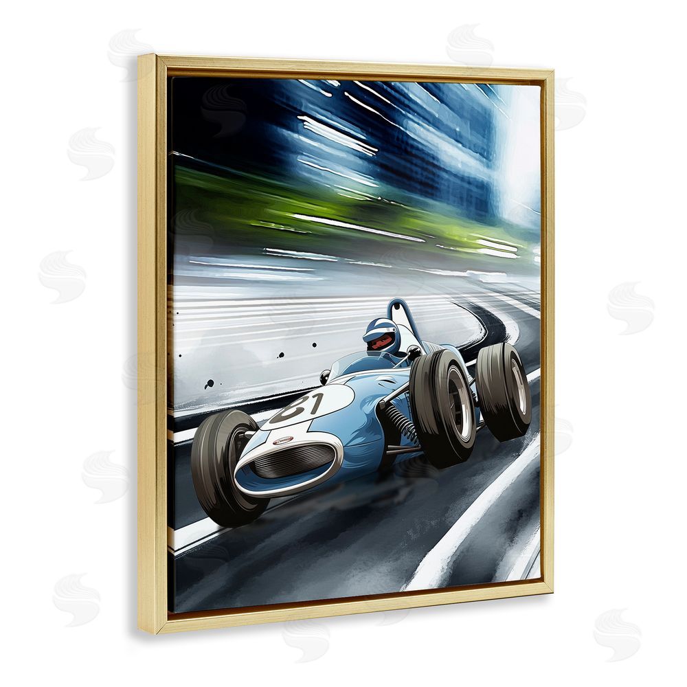 Christine Simpson Art Speeding Racecar Driver Gold Floating Frame Canvas Wall Art Print