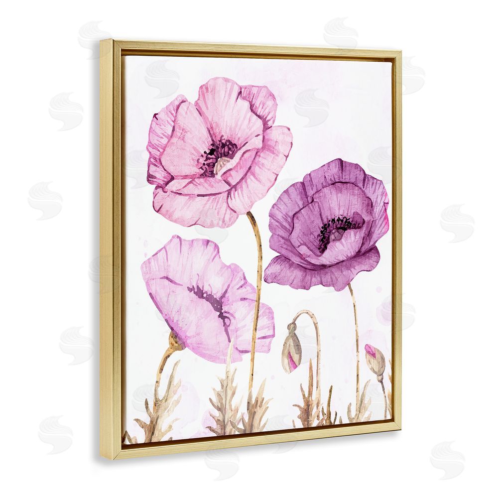 Kim Allen Bright Poppies in Purple Gold Floating Frame Canvas Wall Art Print