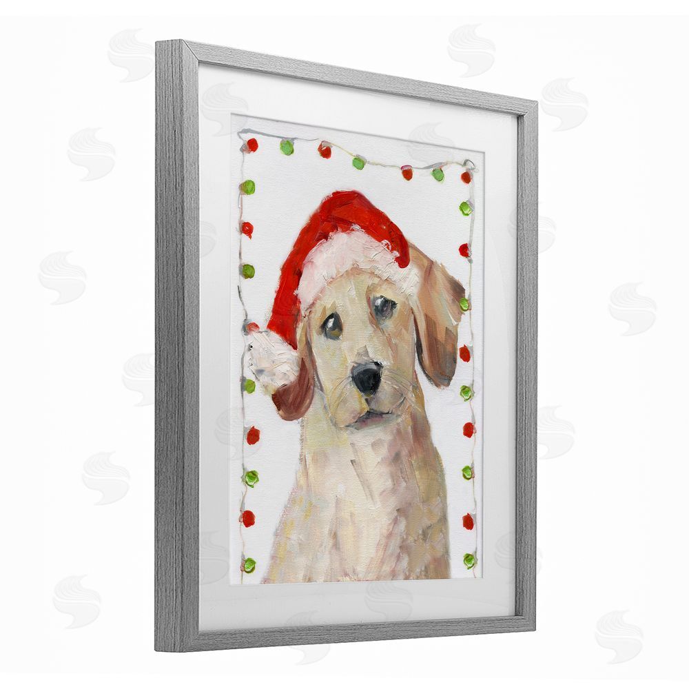 Sally Swatland Santa Paws Pup Gray Framed Print Under Glass with White Mat Wall Art