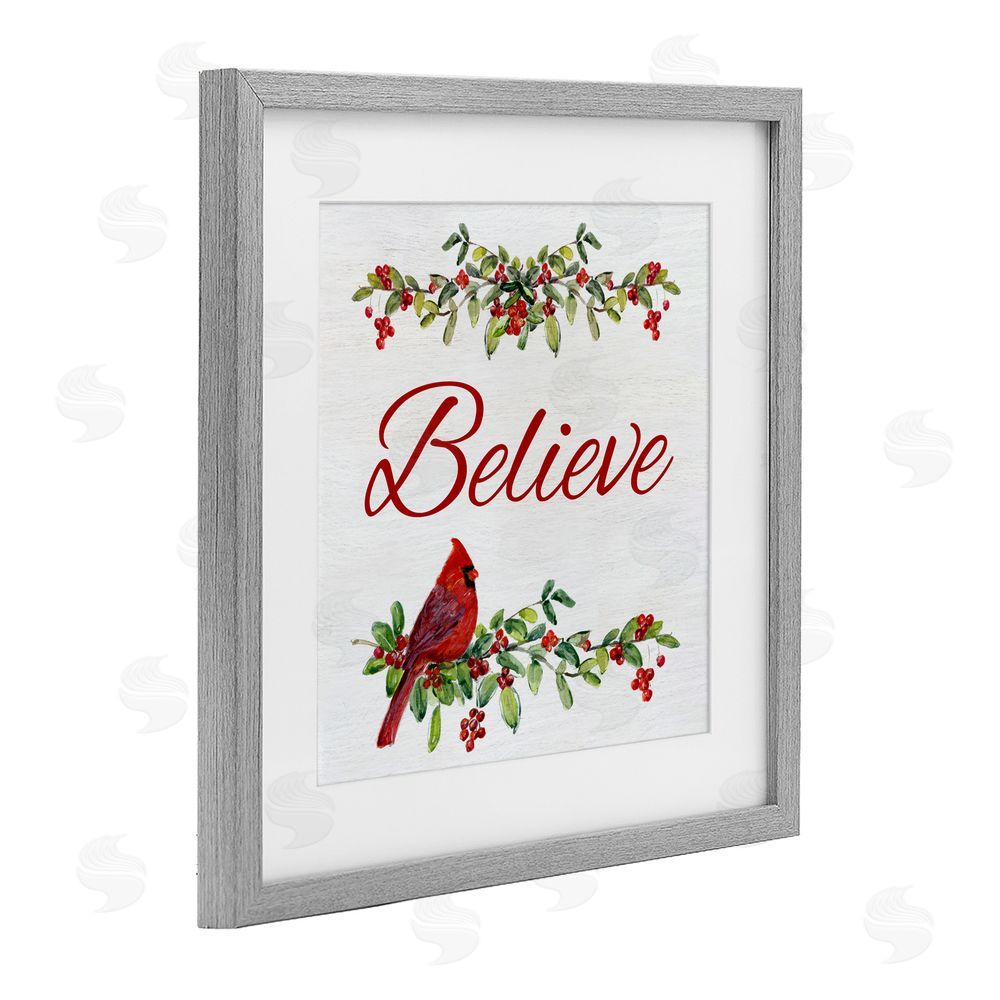 Sally Swatland Festive Believe Greenery Gray Framed Print Under Glass Art