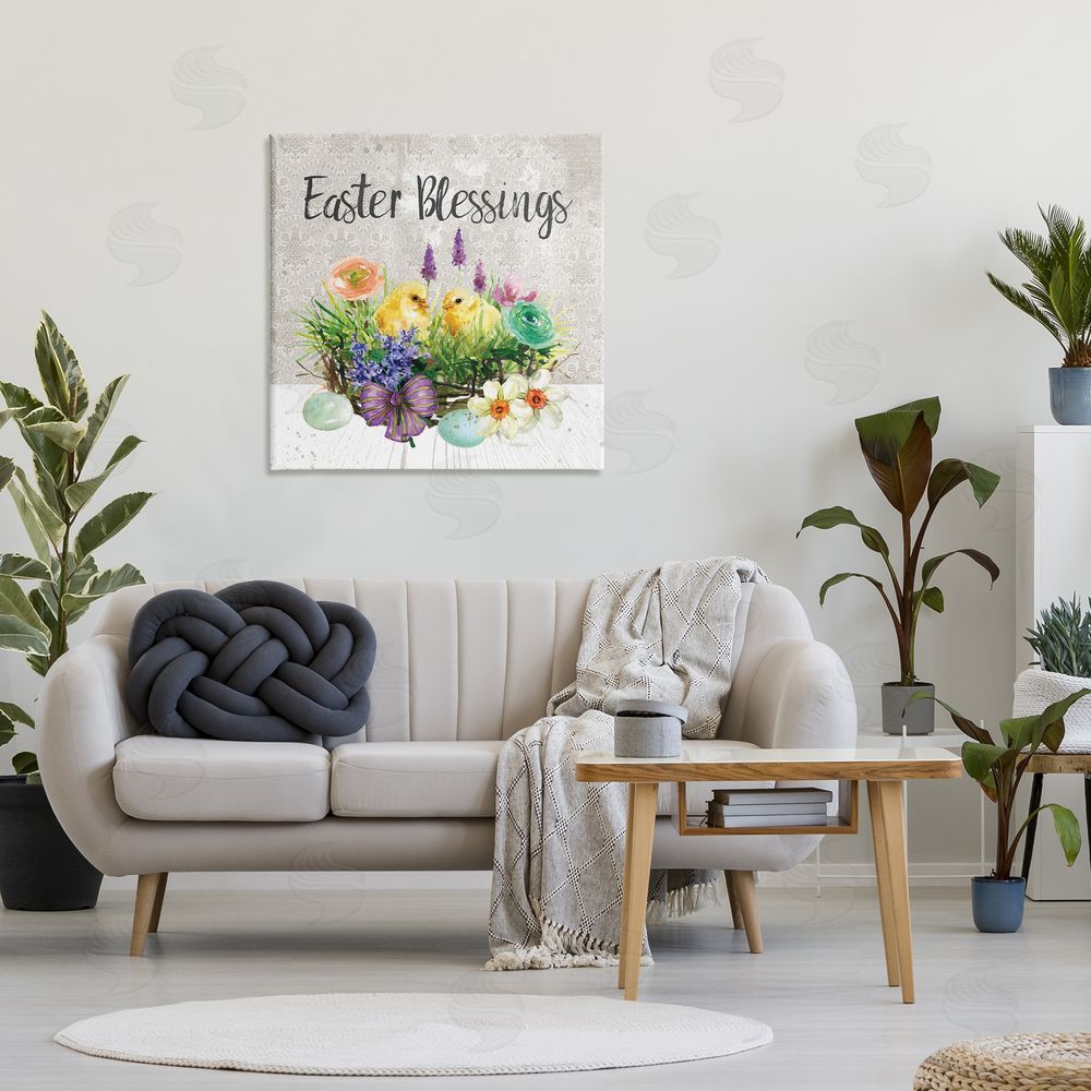 Carol Robinson Easter Blessings Basket of Flowers Stretched Canvas Wall Art in Room