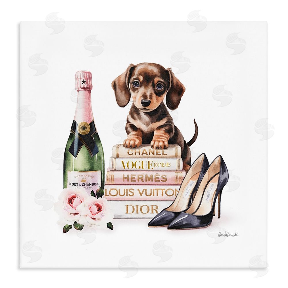 Amanda Greenwood Luxury Books & Puppy Stretched Canvas Wall Art Print