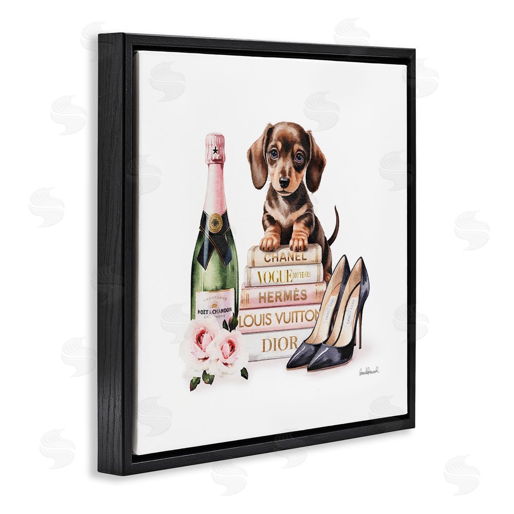 Amanda Greenwood Luxury Books & Puppy Black Floating Frame Canvas Wall Art Print
