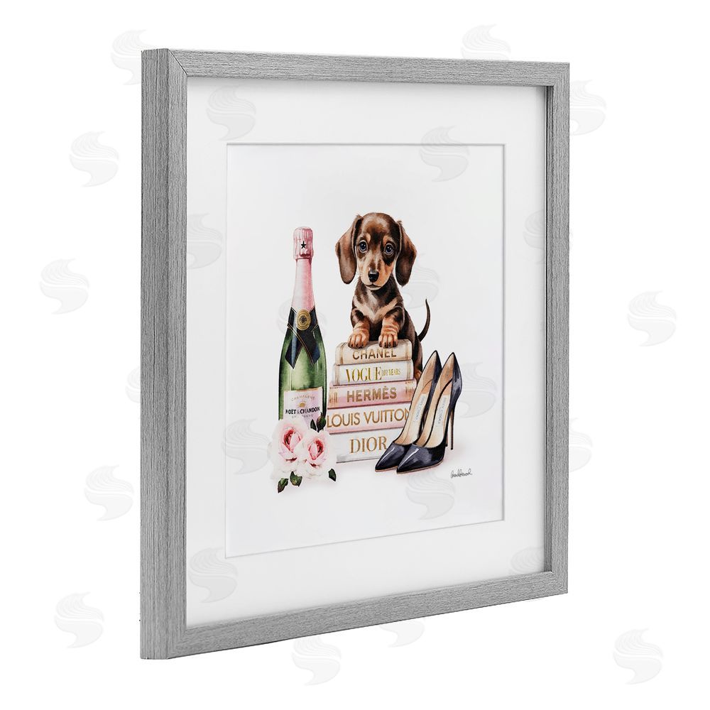 Amanda Greenwood Luxury Books & Puppy Gray Framed Print Under Glass Wall Art