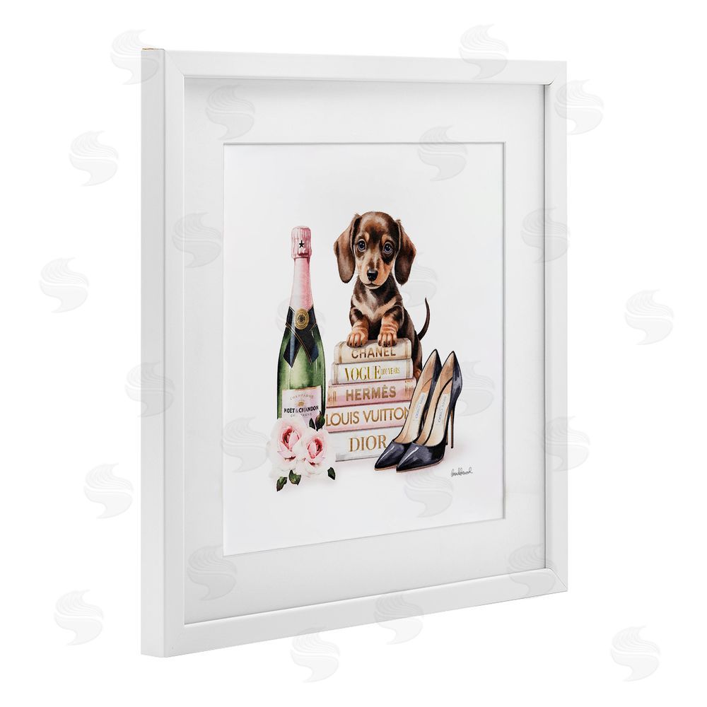 Amanda Greenwood Luxury Books & Puppy White Framed Print Under Glass Wall Art