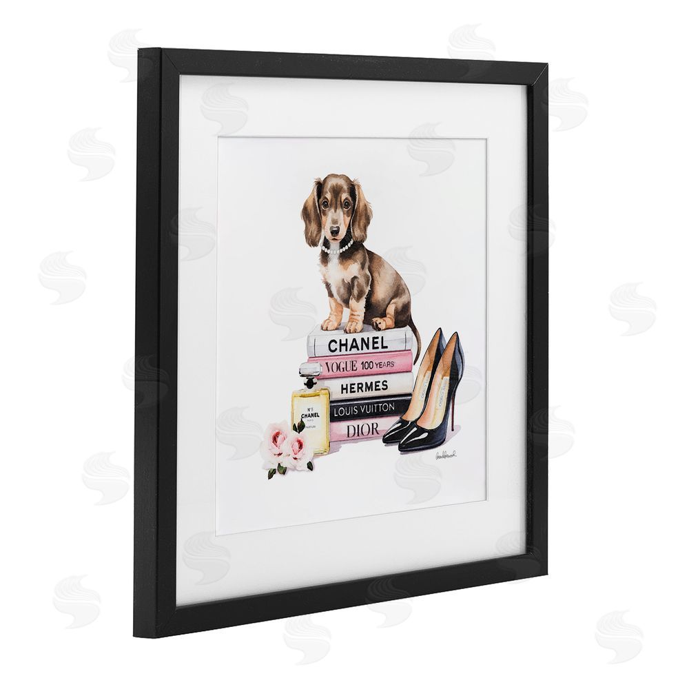 Amanda Greenwood Luxury Fashion Books & Dog Black Framed Print Under Glass Wall Art