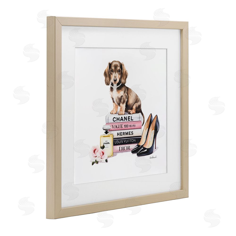 Amanda Greenwood Luxury Fashion Books & Dog Brown Framed Print Under Glass Wall Art