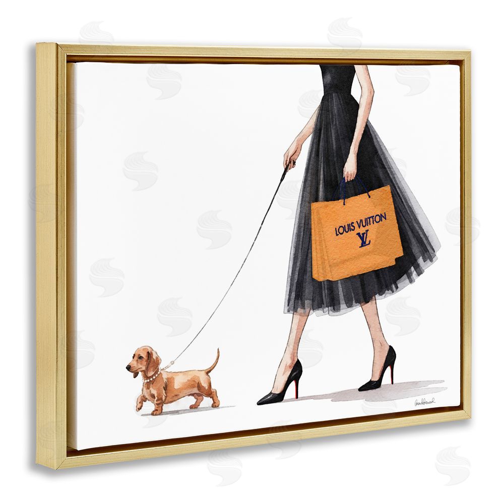 Amanda Greenwood Fashionable Dog Walking Gold Floating Frame Canvas Wall Art Print