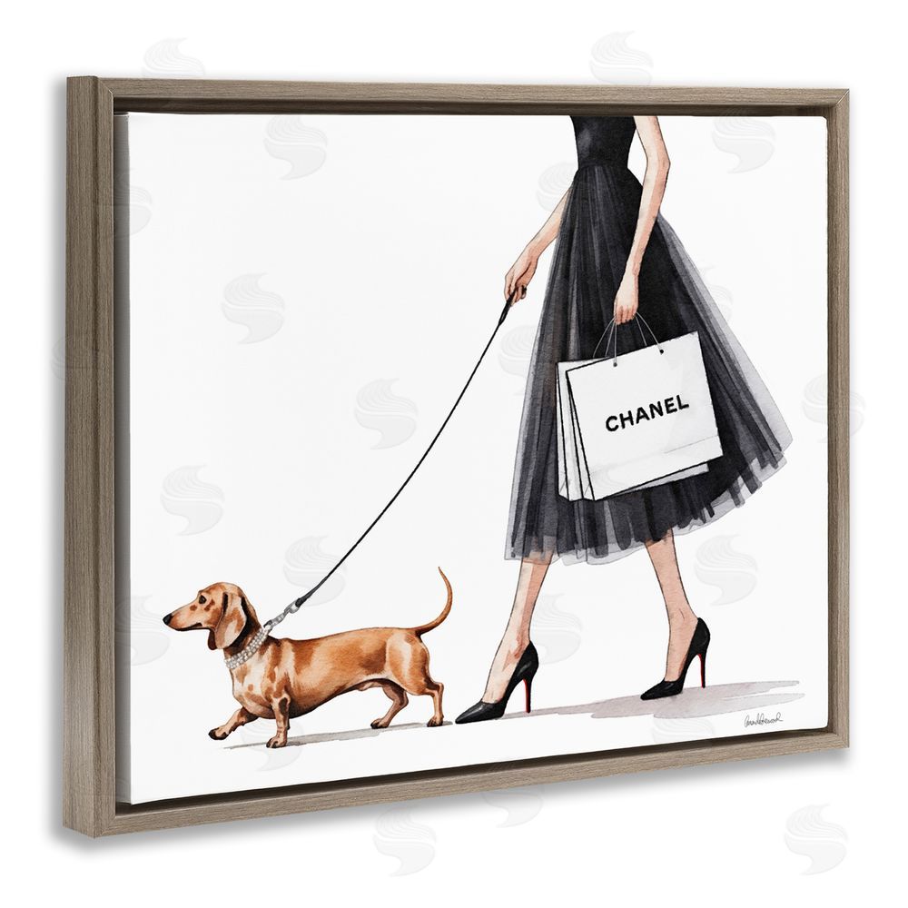 Amanda Greenwood Glam Dog Walking Brown Floating Frame Canvas Wall Art Print