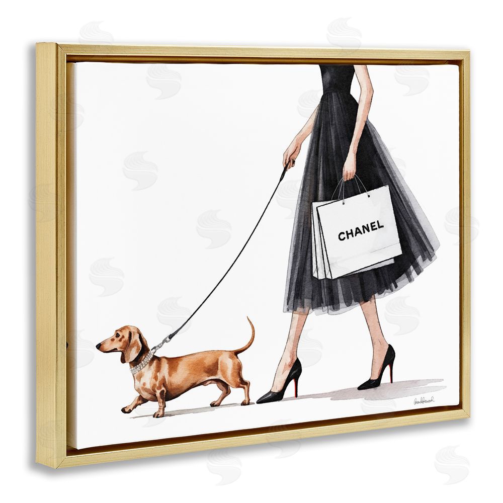 Amanda Greenwood Glam Dog Walking Gold Floating Frame Canvas Wall Art Print