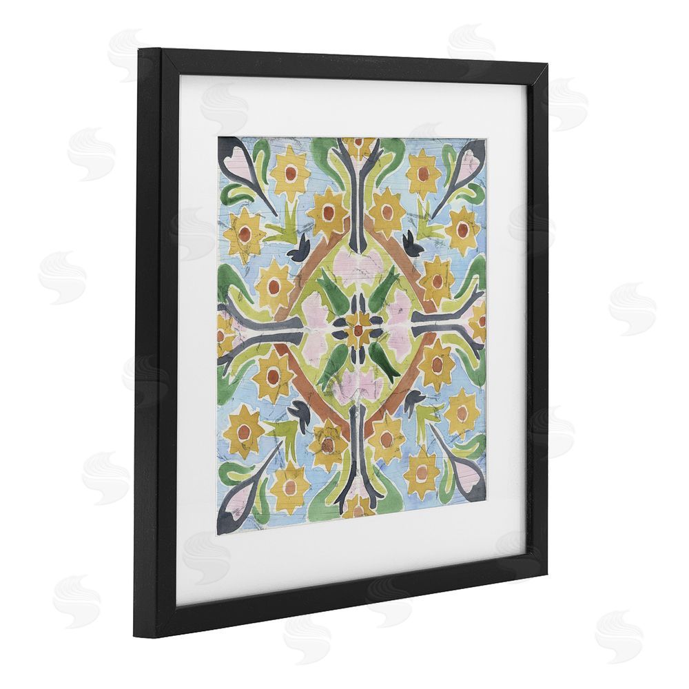 June Erica Vess Balanced Florals Vintage Tile Black Framed Print Under Glass Wall Art