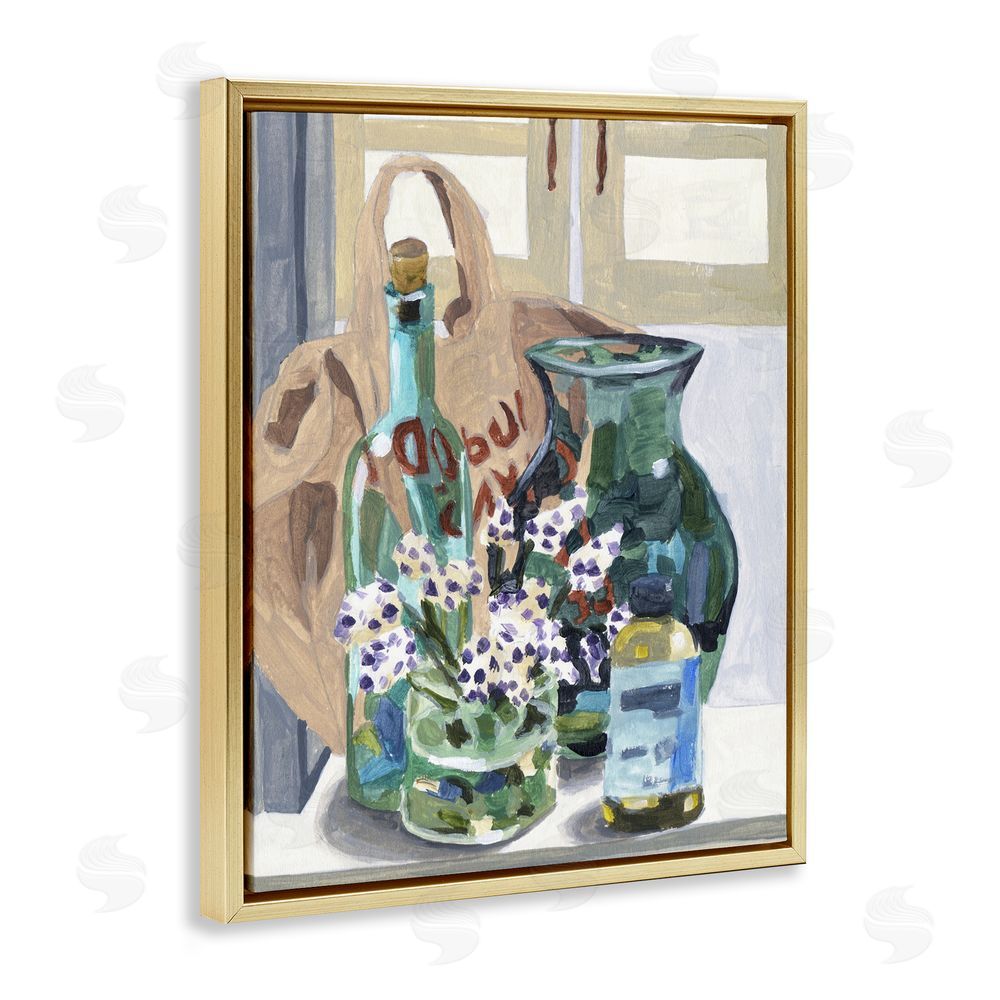 Melissa Wang Bottles & Bag Arrangement Gold Floating Frame Canvas Wall Art Print