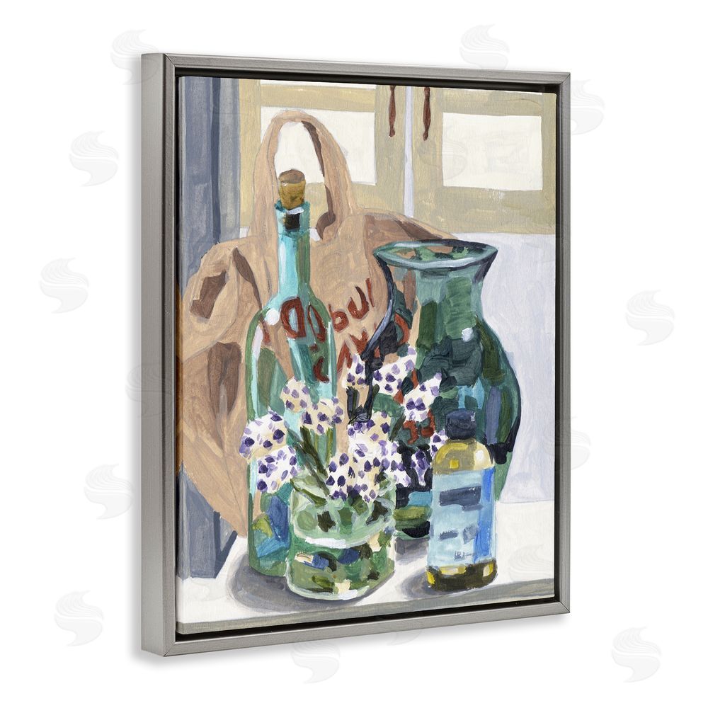 Melissa Wang Bottles & Bag Arrangement Gray Floating Frame Canvas Wall Art Print
