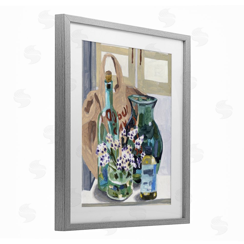 Melissa Wang Bottles & Bag Arrangement Gray Framed Print Under Glass Wall Art