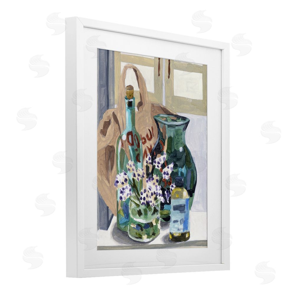Melissa Wang Bottles & Bag Arrangement White Framed Print Under Glass Wall Art