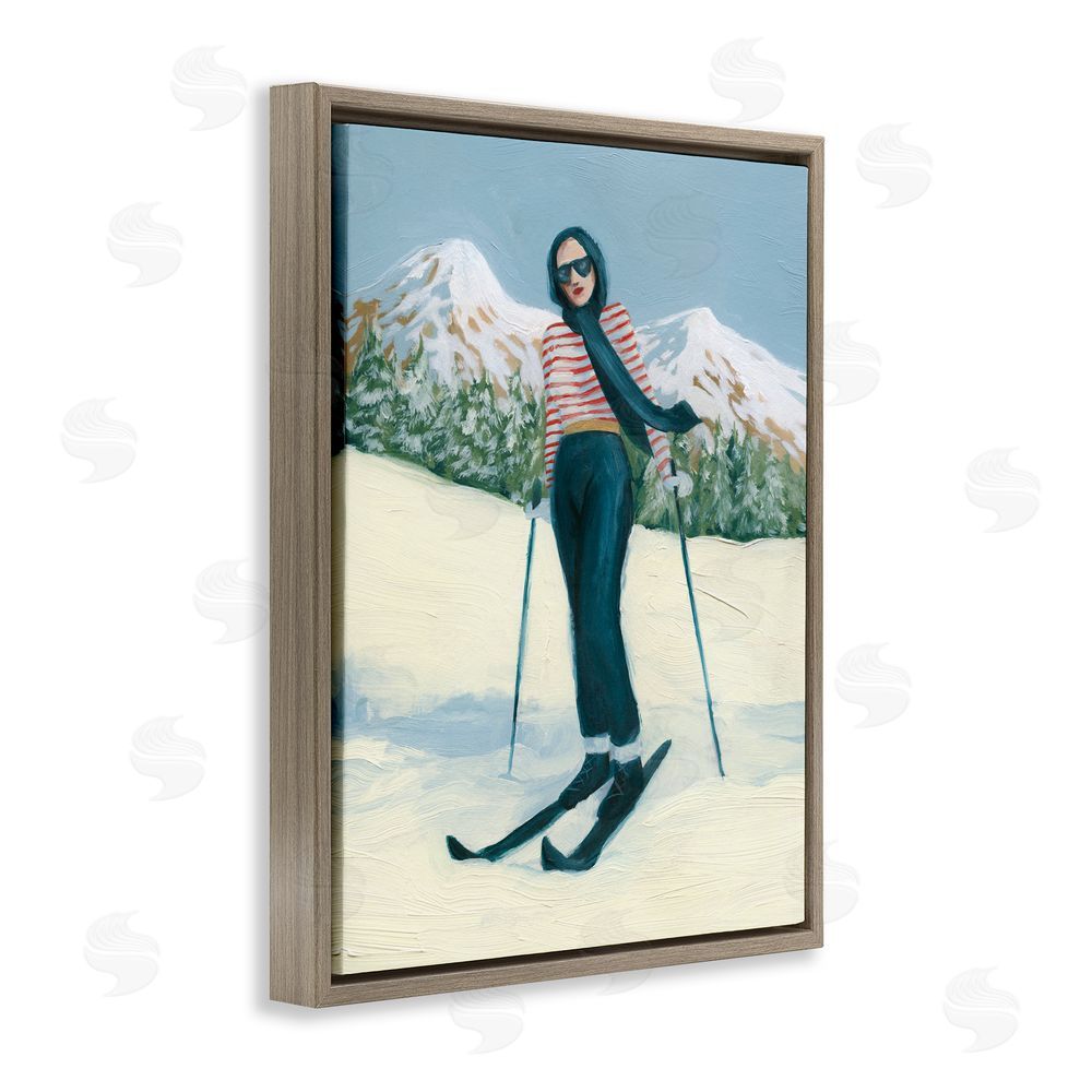Grace Popp Stylish Skiing Sisters Brown Floating Frame Canvas Wall Art Print