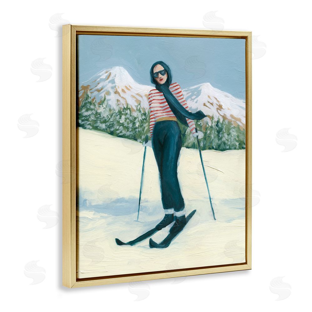 Grace Popp Stylish Skiing Sisters Gold Floating Frame Canvas Wall Art Print