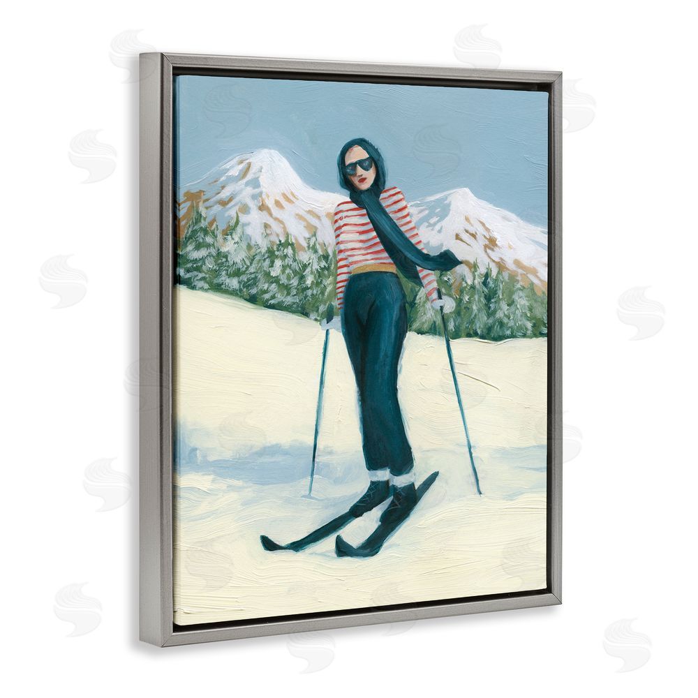 Grace Popp Stylish Skiing Sisters Gray Floating Frame Canvas Wall Art Print