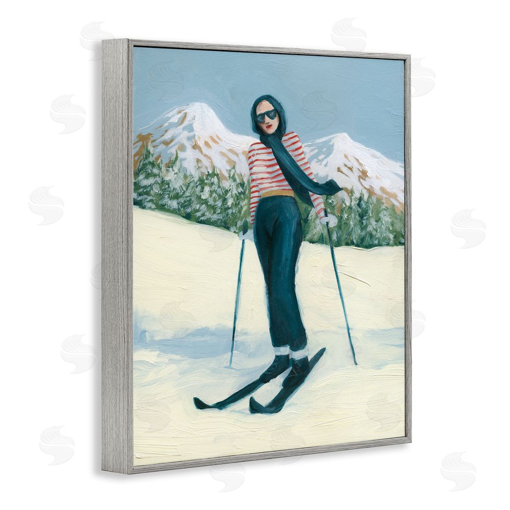 Grace Popp Stylish Skiing Sisters Gray Framed Giclee Wall Art Print