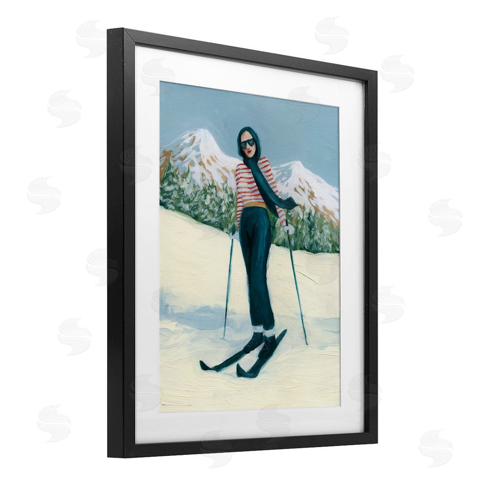 Grace Popp Stylish Skiing Sisters Black Framed Print Under Glass with White Mat Wall Art