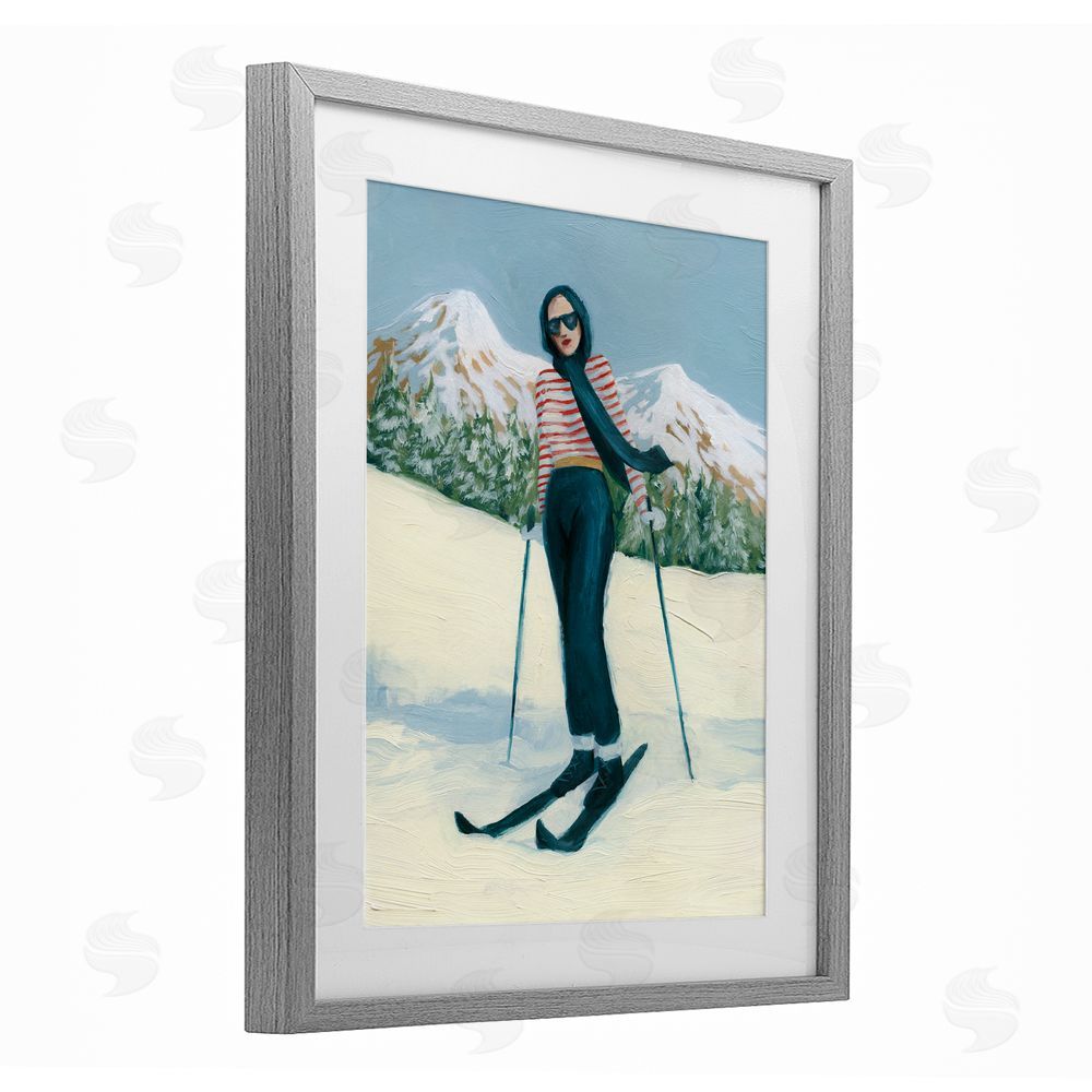 Grace Popp Stylish Skiing Sisters Gray Framed Print Under Glass with White Mat Wall Art