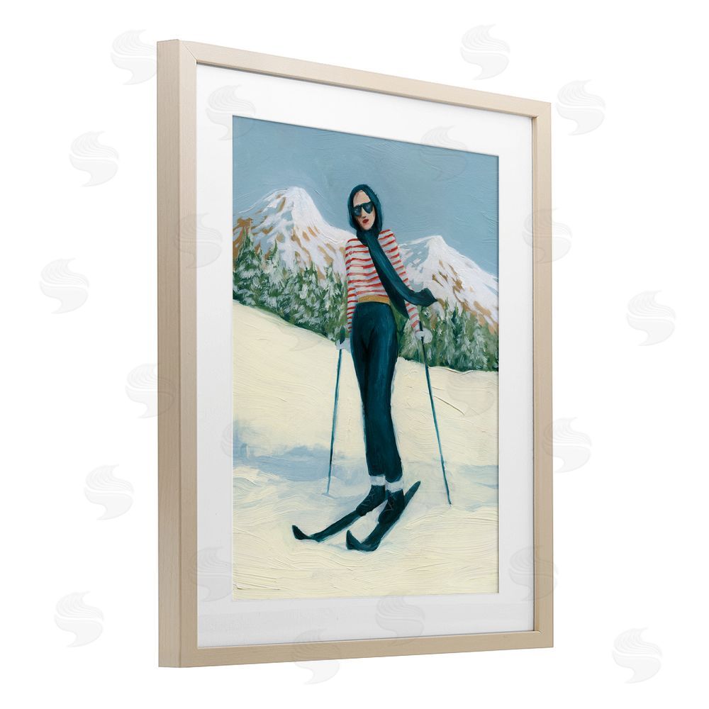 Grace Popp Stylish Skiing Sisters Birch Framed Print Under Glass with White Mat Wall Art