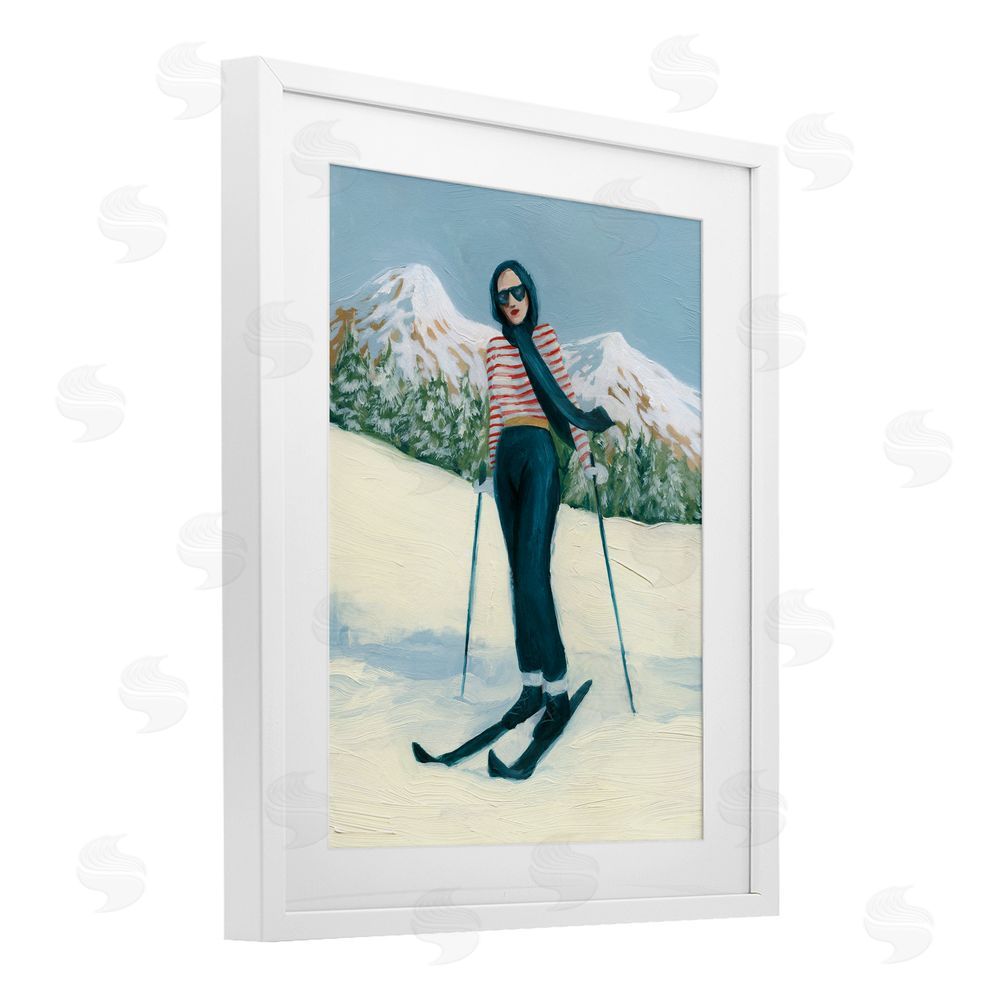 Grace Popp Stylish Skiing Sisters White Framed Print Under Glass with Mat Wall Art