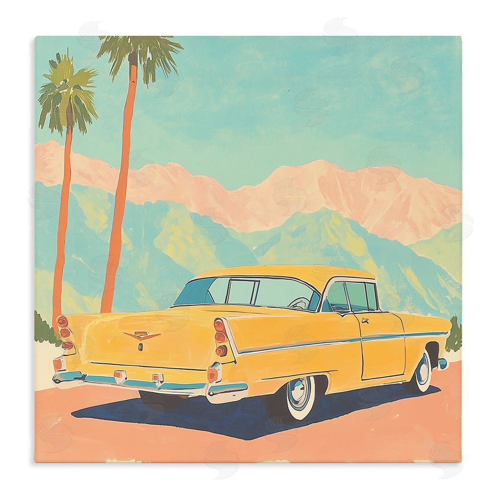 Walker Noble Classic Yellow Coupe & Palm Trees Stretched Canvas Wall Art Print