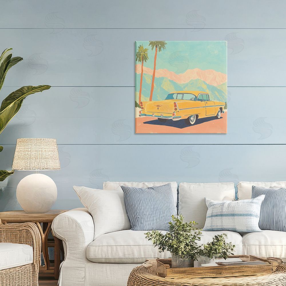 Walker Noble Classic Yellow Coupe & Palm Trees Stretched Canvas Wall Art in Room